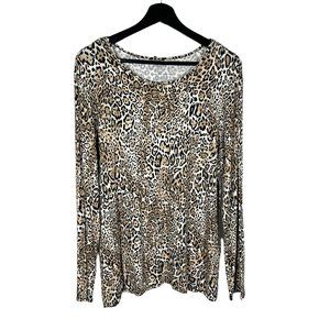 Chicos Ultimate Tee Brown Leopard Print Long Sleeve Top 2 Large